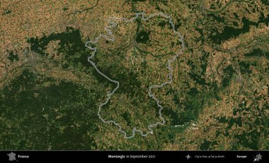 Montargis. Eylül 2021 'de çekilen Copernicus Sentinel karolarından oluşan bir uydu görüntüsünde Fransa' nın idari bölgesinin ana hatlarını çizdim.