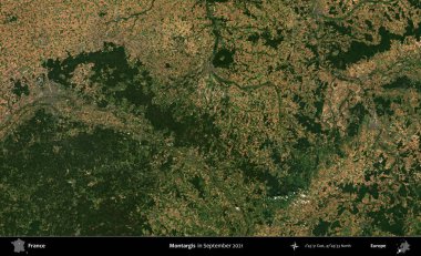 Montargis. Copernicus Sentinel 'in Eylül 2021' de çekilmiş uydu görüntüsü üzerine Fransa 'nın idari bölgesi.