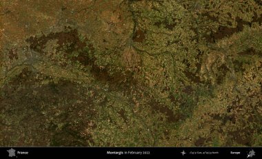 Montargis. Copernicus Sentinel 'in Şubat 2022' de çekilmiş uydu görüntüsü üzerine Fransa 'nın idari bölgesi.
