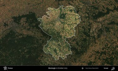 Montargis. Fransa 'nın idari alanı, Ekim 2023' te çekilen Kopernik Nöbetçi karolarından oluşan koyu renkli bir uydu görüntüsü üzerinde vurgulandı ve özetlendi.