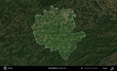 Montbeliard 'da. Fransa 'nın idari alanı, Mayıs 2023' te çekilen Kopernik Nöbetçi karolarından oluşan koyu renkli bir uydu görüntüsüyle vurgulandı ve özetlendi.