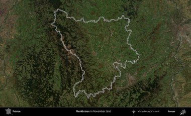 Montbrison 'da. Copernicus Sentinel 'in Kasım 2020' de çekilen uydu görüntüsünde Fransa 'nın idari bölgesinin ana hatları belirlendi.