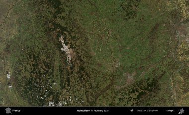 Montbrison 'da. Copernicus Sentinel 'in Şubat 2021' de çekilmiş uydu görüntüsü üzerine Fransa 'nın idari bölgesi.
