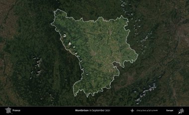 Montbrison 'da. Fransa 'nın idari alanı, Eylül 2021' de çekilen Kopernik Sentinel karolarından oluşan koyu renkli bir uydu görüntüsü üzerinde vurgulandı ve özetlendi.