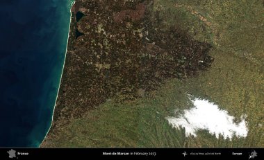 Mont-de-Marsan. Copernicus Sentinel 'in Şubat 2023' te çekilmiş uydu görüntüsü üzerine Fransa 'nın idari bölgesi.