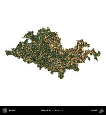 Montdidier. Fransa 'nın idari bölgesi, Nisan 2021' de çekilen Kopernik Nöbetçi karolarından oluşan bir uydu görüntüsü ile beyaza izole edildi.