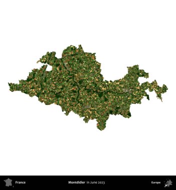 Montdidier. Fransa 'nın idari bölgesi, Haziran 2023' te çekilen Kopernik Nöbetçi karolarından oluşan bir uydu görüntüsüyle beyaza izole edildi.