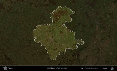 Montlucon 'da. Fransa 'nın idari alanı, Şubat 2022' de çekilen Kopernik Sentinel karolarından oluşan koyu renkli bir uydu görüntüsü üzerinde vurgulandı ve özetlendi.