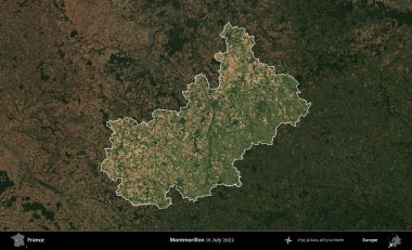 Montmorillon 'da. Fransa 'nın idari alanı, Temmuz 2022' de çekilen Kopernik Nöbetçi karolarından oluşan koyu renkli bir uydu görüntüsüyle vurgulandı ve özetlendi.