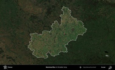Montmorillon 'da. Fransa 'nın idari alanı, Ekim 2024' te çekilen Kopernik Nöbetçi karolarından oluşan koyu renkli bir uydu görüntüsü üzerinde vurgulandı ve özetlendi.