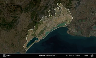 Montpellier 'de. Fransa 'nın idari alanı, Şubat 2023' te çekilen Kopernik Nöbetçi karolarından oluşan koyu renkli bir uydu görüntüsü üzerinde vurgulandı ve özetlendi.