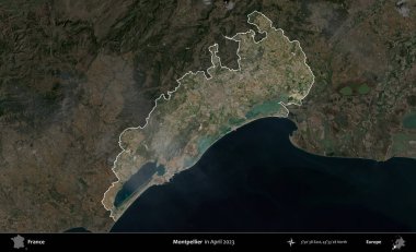 Montpellier 'de. Fransa 'nın idari alanı, Nisan 2023' te çekilen Kopernik Nöbetçi karolarından oluşan koyu renkli bir uydu görüntüsü üzerinde vurgulandı ve özetlendi.