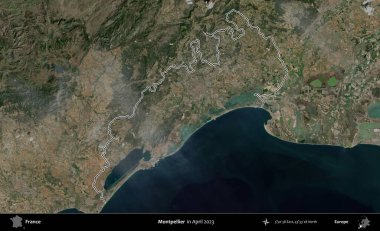 Montpellier 'de. Nisan 2023 'te çekilen Copernicus Sentinel karolarından oluşan bir uydu görüntüsünde Fransa' nın idari bölgesinin ana hatları belirlendi.
