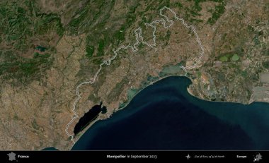 Montpellier 'de. Eylül 2023 'te çekilen Copernicus Sentinel karolarından oluşan bir uydu görüntüsünde Fransa' nın idari bölgesinin ana hatlarını çizdim.
