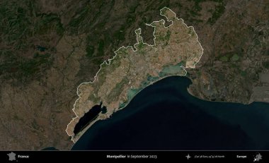 Montpellier 'de. Fransa 'nın idari alanı, Eylül 2023' te çekilen Kopernik Nöbetçi karolarından oluşan koyu renkli bir uydu görüntüsü üzerinde vurgulandı ve özetlendi.