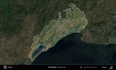 Montpellier 'de. Fransa 'nın idari alanı, Mayıs 2024' te çekilen Kopernik Nöbetçi karolarından oluşan koyu renkli bir uydu görüntüsü üzerinde vurgulandı ve özetlendi.