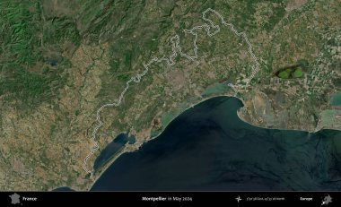 Montpellier 'de. Mayıs 2024 'te çekilen Copernicus Sentinel karolarından oluşan bir uydu görüntüsünde Fransa' nın idari bölgesinin ana hatlarını çizdim.