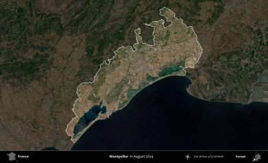 Montpellier 'de. Fransa 'nın idari alanı, Ağustos 2024' te çekilen Kopernik Sentinel karolarından oluşan koyu renkli bir uydu görüntüsü üzerinde vurgulandı ve özetlendi.