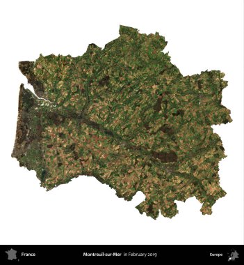 Montreuil-sur-Mer. Fransa 'nın idari bölgesi, Şubat 2019' da çekilen Kopernik Nöbetçi karolarından oluşan uydu görüntüsüyle beyaza izole edildi.