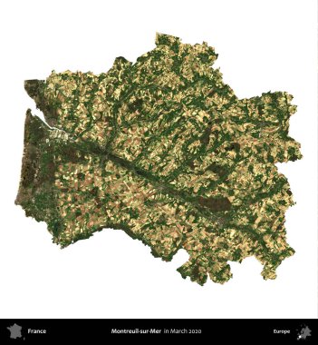 Montreuil-sur-Mer. Fransa 'nın idari bölgesi, Mart 2020' de çekilen Kopernik Nöbetçi karolarından oluşan bir uydu görüntüsüyle beyaza izole edildi.