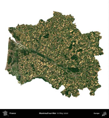 Montreuil-sur-Mer. Fransa 'nın idari bölgesi, Mayıs 2020' de çekilen Kopernik Nöbetçi karolarından oluşan bir uydu görüntüsüyle beyaza izole edildi.