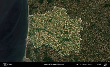 Montreuil-sur-Mer. Fransa 'nın idari alanı, Mayıs 2020' de çekilen Kopernik Nöbetçi karolarından oluşan koyu renkli bir uydu görüntüsü üzerinde vurgulandı ve özetlendi.