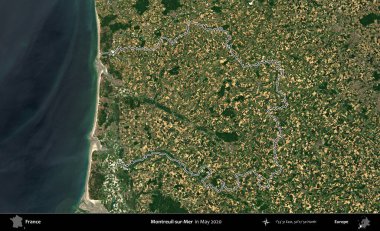 Montreuil-sur-Mer. Mayıs 2020 'de çekilen Copernicus Sentinel karolarından oluşan bir uydu görüntüsünde Fransa' nın idari bölgesinin ana hatları belirlendi.