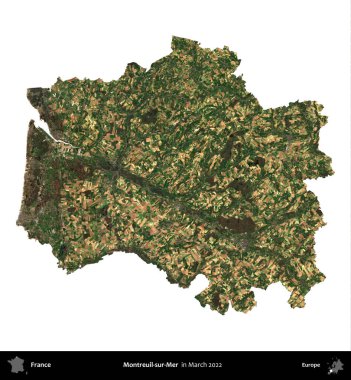 Montreuil-sur-Mer. Fransa 'nın idari bölgesi, Mart 2022' de çekilen Kopernik Nöbetçi karolarından oluşan bir uydu görüntüsüyle beyaza izole edildi.