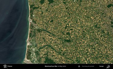 Montreuil-sur-Mer. Mayıs 2020 'de Copernicus Sentinel karolarından oluşan bir uydu görüntüsü üzerine Fransa' nın idari bölgesi
