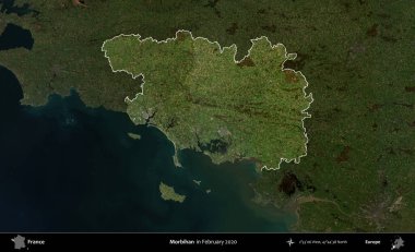 Morbihan. Fransa 'nın idari alanı, Şubat 2020' de çekilen Kopernik Nöbetçi karolarından oluşan koyu renkli bir uydu görüntüsü üzerinde vurgulandı ve özetlendi.