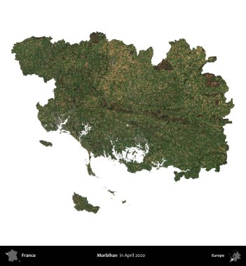 Morbihan. Fransa 'nın idari bölgesi, Nisan 2020' de çekilen Kopernik Nöbetçi karolarından oluşan bir uydu görüntüsüyle beyaza izole edildi.