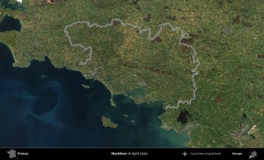 Morbihan. Nisan 2020 'de çekilen Kopernik Nöbetçi karolarından oluşan bir uydu görüntüsünde Fransa' nın idari bölgesinin ana hatlarını çizdim.