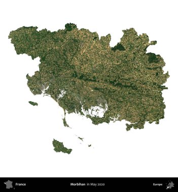 Morbihan. Fransa 'nın idari bölgesi, Mayıs 2020' de çekilen Kopernik Nöbetçi karolarından oluşan bir uydu görüntüsüyle beyaza izole edildi.