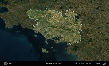 Morbihan. Fransa 'nın idari alanı, Mayıs 2020' de çekilen Kopernik Nöbetçi karolarından oluşan koyu renkli bir uydu görüntüsü üzerinde vurgulandı ve özetlendi.