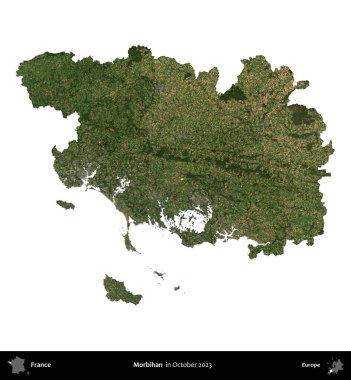 Morbihan. Fransa 'nın idari bölgesi, Ekim 2023' te çekilen Kopernik Nöbetçi karolarından oluşan bir uydu görüntüsüyle beyaza izole edildi.