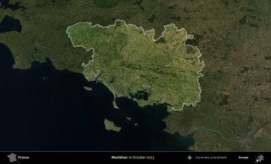 Morbihan. Fransa 'nın idari alanı, Ekim 2023' te çekilen Kopernik Nöbetçi karolarından oluşan koyu renkli bir uydu görüntüsü üzerinde vurgulandı ve özetlendi.