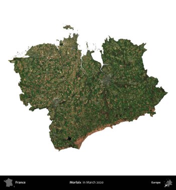 Morlaix. Fransa 'nın idari bölgesi, Mart 2020' de çekilen Kopernik Nöbetçi karolarından oluşan bir uydu görüntüsüyle beyaza izole edildi.