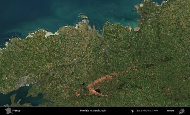 Morlaix. Copernicus Sentinel 'in Mart 2020' de çekilmiş uydu görüntüsü üzerine Fransa 'nın idari bölgesi.