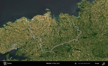 Morlaix. Mayıs 2020 'de çekilen Copernicus Sentinel karolarından oluşan bir uydu görüntüsünde Fransa' nın idari bölgesinin ana hatları belirlendi.