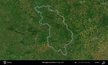 Mortagne-au-Perche. Mayıs 2018 'de çekilen Copernicus Sentinel karolarından oluşan bir uydu görüntüsünde Fransa' nın idari bölgesinin ana hatlarını çizdim.