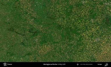 Mortagne-au-Perche. Copernicus Sentinel 'in Mayıs 2018' de çekilmiş uydu görüntüsü üzerine Fransa 'nın idari bölgesi.