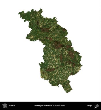 Mortagne-au-Perche. Fransa 'nın idari bölgesi, Mart 2020' de çekilen Kopernik Nöbetçi karolarından oluşan bir uydu görüntüsüyle beyaza izole edildi.