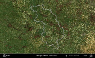 Mortagne-au-Perche. Mart 2020 'de çekilen Copernicus Sentinel karolarından oluşan bir uydu görüntüsünde Fransa' nın idari bölgesinin ana hatları belirlendi.