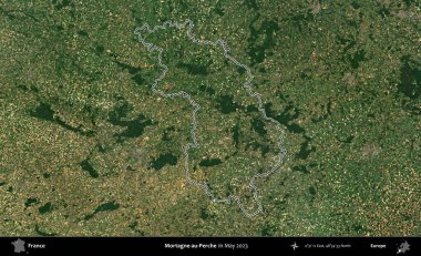 Mortagne-au-Perche. Mayıs 2023 'te çekilen Copernicus Sentinel karolarından oluşan bir uydu görüntüsünde Fransa' nın idari bölgesinin ana hatları belirlendi.