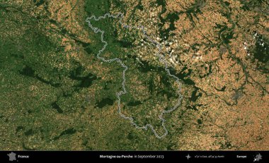 Mortagne-au-Perche. Eylül 2023 'te çekilen Copernicus Sentinel karolarından oluşan bir uydu görüntüsünde Fransa' nın idari bölgesinin ana hatlarını çizdim.