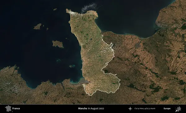 Manche. Fransa 'nın idari alanı, Ağustos 2022' de çekilen Kopernik Sentinel karolarından oluşan koyu renkli bir uydu görüntüsü üzerinde vurgulandı ve özetlendi.