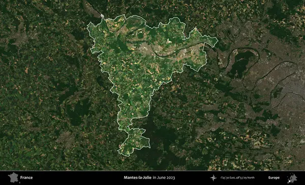 Mantes-la-Jolie. Fransa 'nın idari alanı, Haziran 2023' te çekilen Kopernik Nöbetçi karolarından oluşan koyu renkli bir uydu görüntüsüyle vurgulandı ve özetlendi.