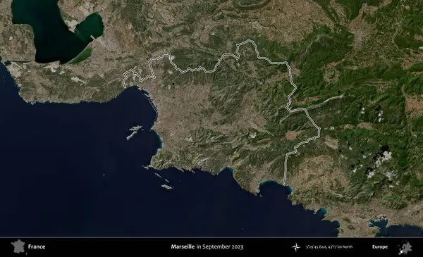 Marsilya. Eylül 2023 'te çekilen Copernicus Sentinel karolarından oluşan bir uydu görüntüsünde Fransa' nın idari bölgesinin ana hatlarını çizdim.