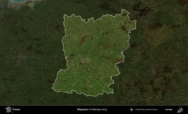 Mayenne. Fransa 'nın idari alanı, Şubat 2023' te çekilen Kopernik Nöbetçi karolarından oluşan koyu renkli bir uydu görüntüsü üzerinde vurgulandı ve özetlendi.