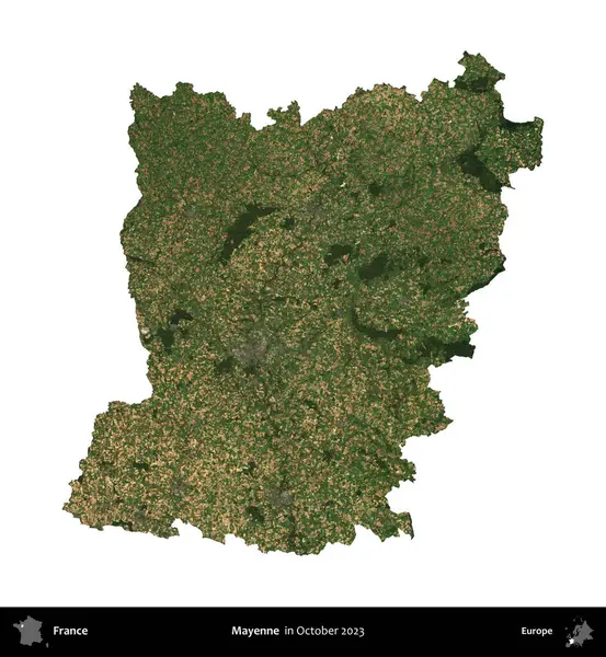 Mayenne. Fransa 'nın idari bölgesi, Ekim 2023' te çekilen Kopernik Nöbetçi karolarından oluşan bir uydu görüntüsüyle beyaza izole edildi.